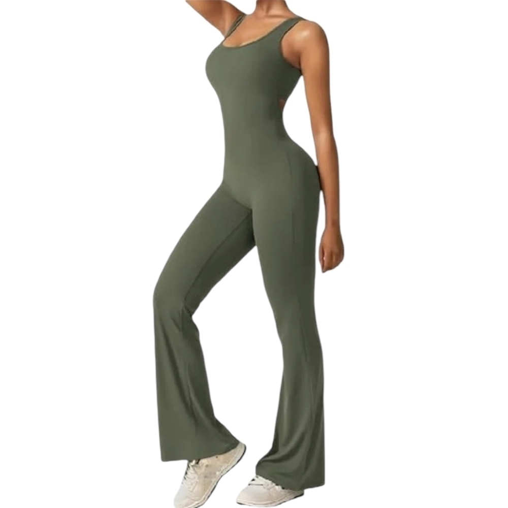 NWT VertVie Open Back Flared Tank Jumpsuit Olive Green Sz XS Open To Offers